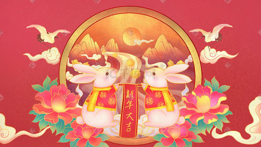 福满迎春插画图片_国潮风兔年福兔新年大吉迎春插画海报背景