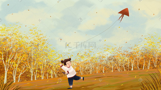 枫叶女孩插画图片_秋天秋季女孩在野外放风筝