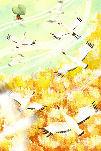 黄色枫叶树林插画图片_秋天秋季枫树林枫叶飞鹤俯视插画