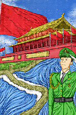 军人向国旗敬礼油画风插画