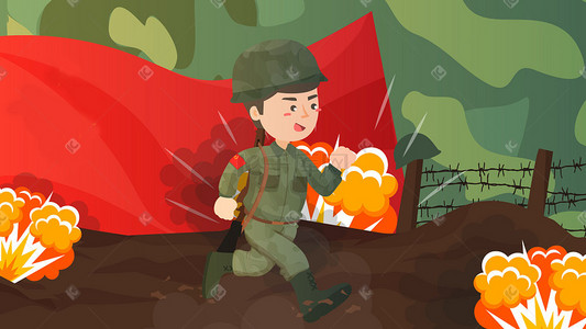 战争卡通插画图片_卡通可爱士兵战士红旗打仗场景