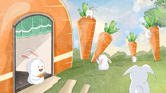 水彩兔插画图片_兔年小清新兔子的欢乐屋