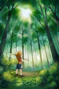 暑假暑假插画图片_暑假男孩捕蝉森林阳光仰视角场景