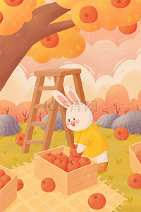 卡通丰收插画图片_清新治愈秋季作物丰收成熟苹果树下的兔子