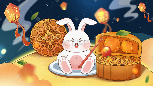 月饼上插画图片_中秋节月饼兔子在月亮上的兔子国潮插画背景