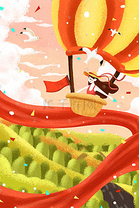 小热气球插画图片_国庆节女孩在热气球上庆祝欢乐插画