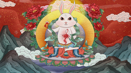 新年祈福插画图片_2023兔年国潮中国风兔子祈福