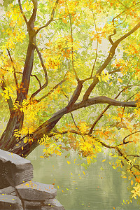 秋季树叶风景插画图片_古风背景秋天风景