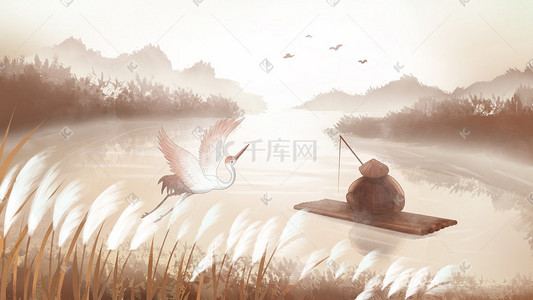 中国风寒露节气山水飞鹤垂钓插画海报背景