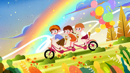 唯美可爱儿童在草地上骑车子愉快插画