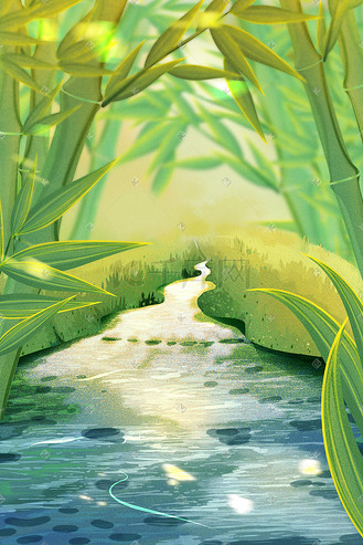 唯美手绘乡村小河流水插画