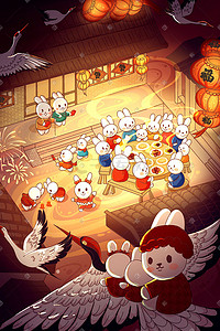 兔年系列插画图片_2023兔年团圆夜晚除夕过年喜庆