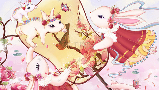 春节扇子扇子插画图片_2023兔年新年喜庆兔子团扇前赏花