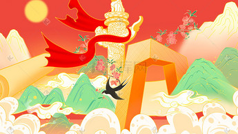 国潮风国庆节华表手绘插画山水祥云