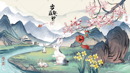 兔年2023初一插画图片_兔年水墨山水兔子国画风新年贺图