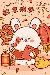 卡通可爱兔年春节新年领红包挂灯笼放鞭炮