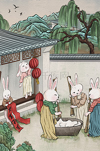 恭祝癸卯兔年大吉插画图片_2023癸卯兔年古风兔子过年