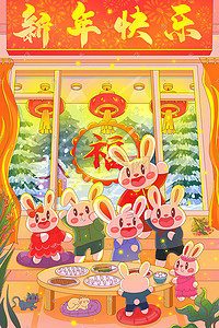 兔年大吉插画图片_2023新年快乐兔年大吉兔子聚会
