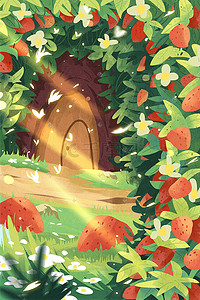 草莓奇异果汁插画图片_草莓唯美植物草地树屋儿插树木