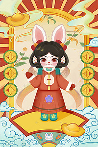 中国风女插画图片_兔年卡通小兔神背景年画中国风兔年背景