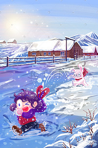 熊女孩插画图片_二十四节气之大雪打雪仗熊女孩