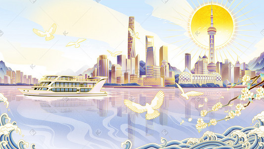 东方明珠外滩插画图片_扁平场景上海外滩城市外景