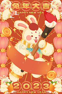胖兔插画图片_兔年新春新年复古胖兔写春联
