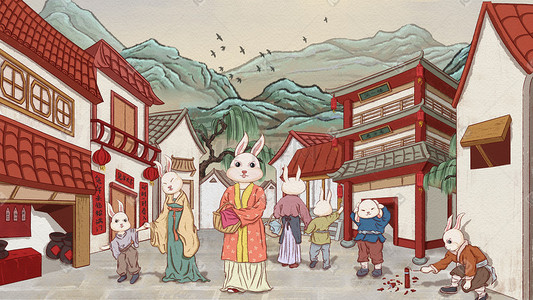 开门大吉2023插画图片_2023癸卯兔年兔子年货中国风.