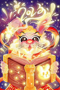 动物兔兔插画图片_2023神仙兔子看日历过新年