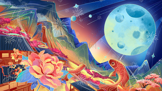 国潮中国风神话故事科幻场景新年贺图