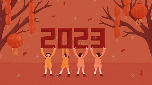 接福兔迎新春插画图片_2023新年快乐春节迎新挂灯笼温暖喜庆