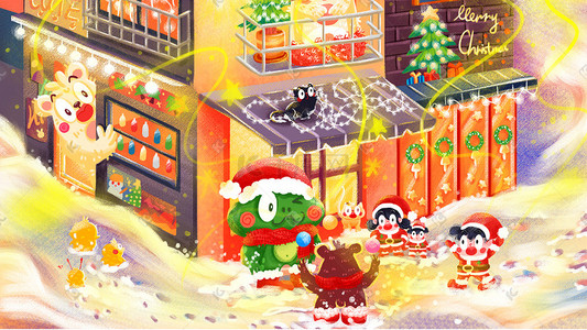 圣诞节圣诞老人动物人雪地建筑