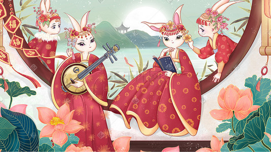 新年迎新春插画图片_中国风2023兔年新年喜庆兔子窗前迎新春