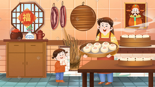 卡通可爱厨房餐桌食材做饭扁平场景暖色调温馨厨房手绘扁平场景家庭
