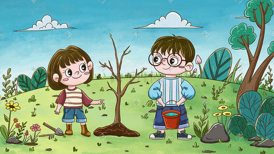 小清新种树插画图片_小朋友种树植树节快乐