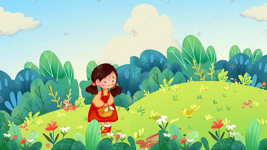 卡通可爱女孩在春暖花开的季节出行游玩