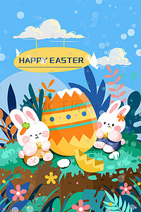 卡通节日主题插画图片_复活节主题之小兔子吃彩蛋卡通森系场景
