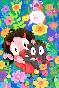 八月你好插画图片_春天春季繁花花与人猫