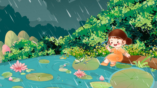 下雨天湖边玩耍草地上有一只小白兔圣诞节圣诞礼物深蓝色唯美卡通插画
