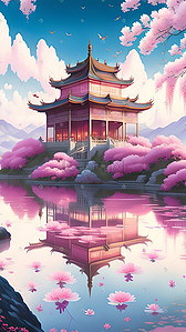 梦幻唯美中国风宫殿古建筑场景数字艺术插画