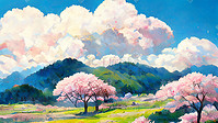 樱花自然插画图片_自然风景山峰樱花树唯美蓝天白云春天背景