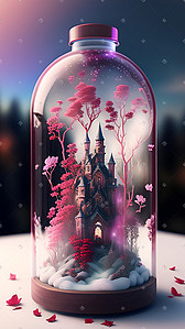 瓶子黑色插画图片_梦幻创意浪漫瓶子里的城堡玫瑰数字艺术插画