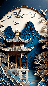 飞鸟剪纸插画图片_3D剪纸山水中国风背景