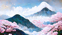 自然蓝天插画图片_自然风景山峰樱花树蓝天白云春天背景国风