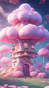 卡通梦幻粉色插画图片_梦幻童话风粉色蘑菇云房子数字艺术插画