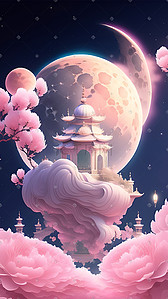 中国风梦幻天空粉色宫殿数字艺术插画