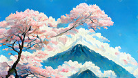 山峰展板插画图片_自然风景山峰樱花树蓝天白云春天背景