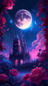 月光夜晚插画图片_浪漫月光玫瑰城堡