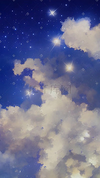 睡在云彩上的宝宝插画图片_唯美蓝紫色星空云彩夜空