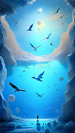 梦幻唯美蓝色海洋飞鸟游戏场景数字艺术插画